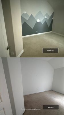 Before and after photo of a bedroom mural wall repainted by Hill Country Painting in Manchaca, TX