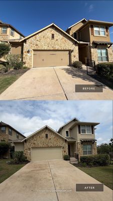 Before and after photo of a home exterior and garage repainted by Hill Country Painting in Leander, TX