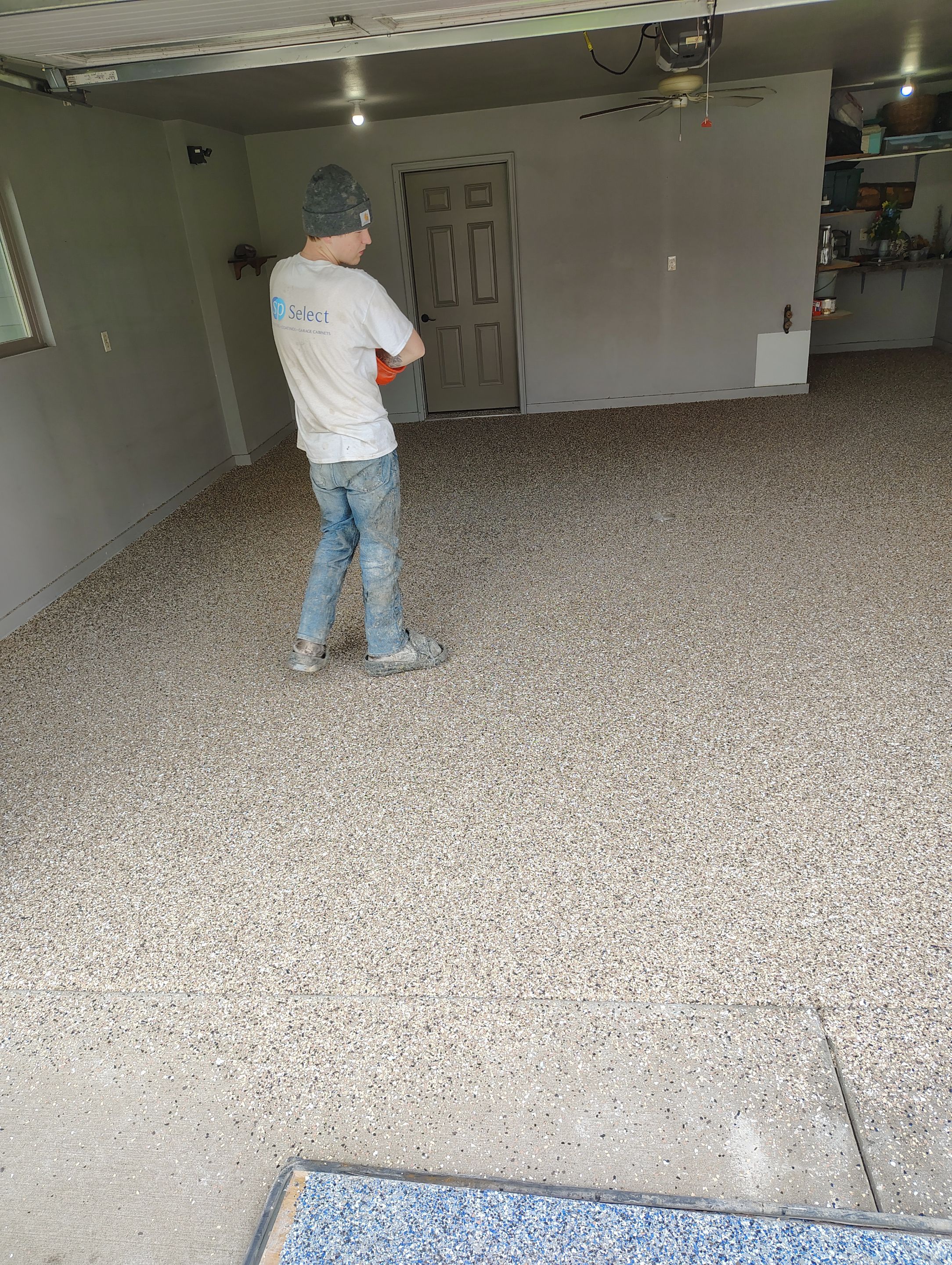 Multi-Colored Speckled Epoxy Concrete Coating for Residential Garage by Select Painting, Coatings & Garage Cabinets