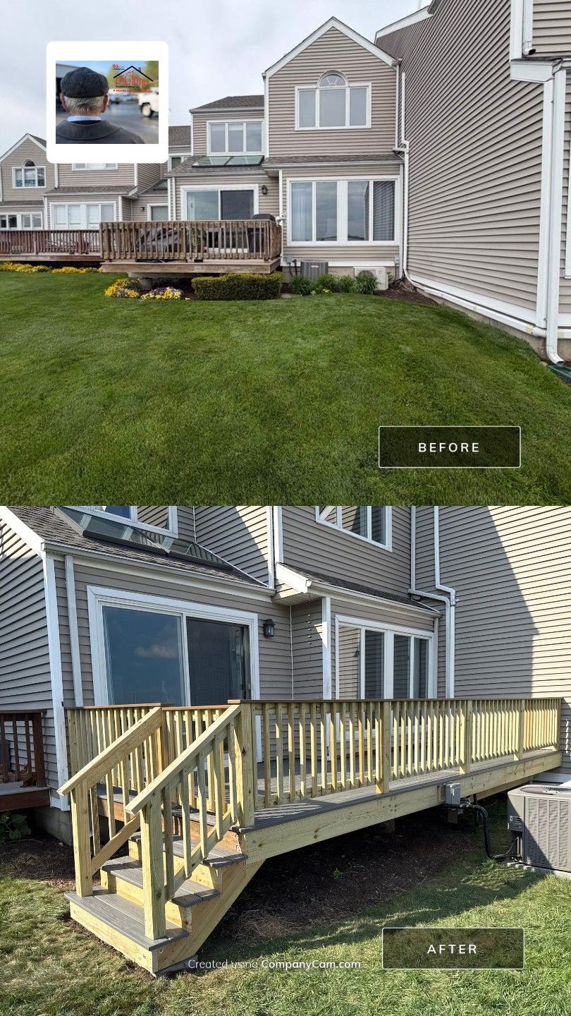 Deck replacement using trex Tropical Island mist and Pressure treated railings. by DiGiorgi Roofing and Siding Inc