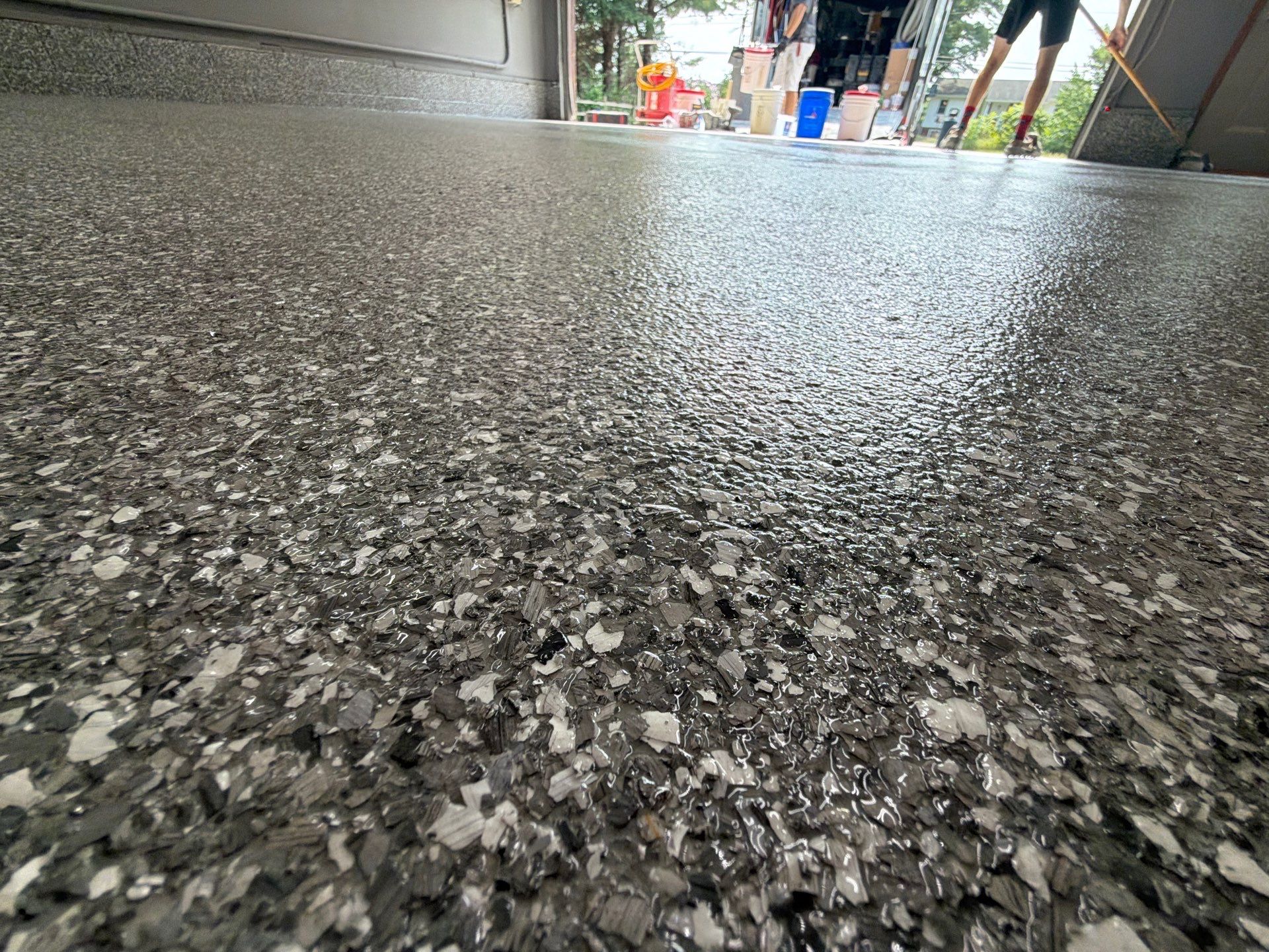 Weathered Gray Epoxy Flake Floor Installation in Muskegon by Gordon Painting