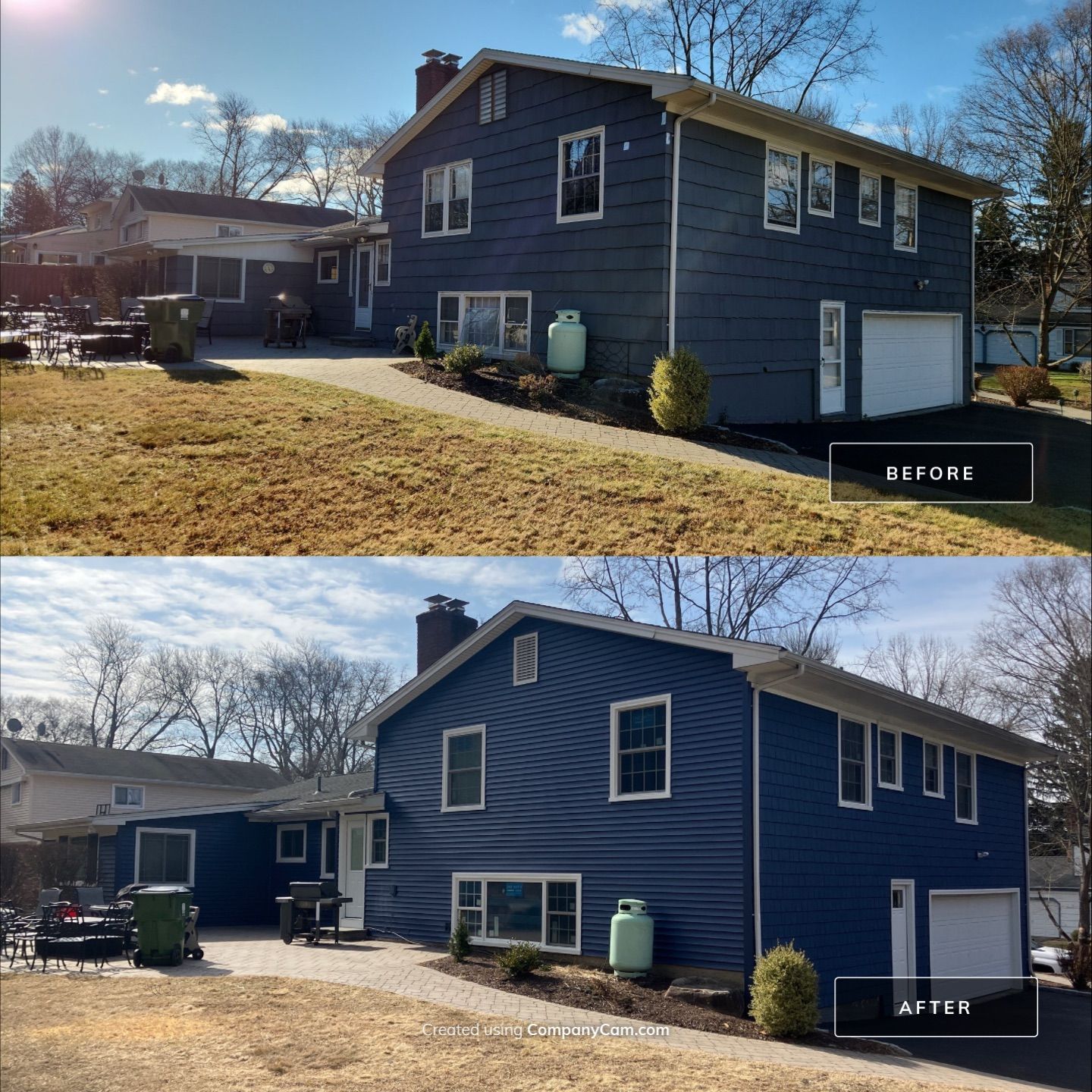 Elevated Siding with Cert Cedar Impressions D/7 Perfection straight bottom, Midnight Blue and Cert Monogram D/4 x 25' clapboard, Midnight Blue by DiGiorgi Roofing and Siding Inc