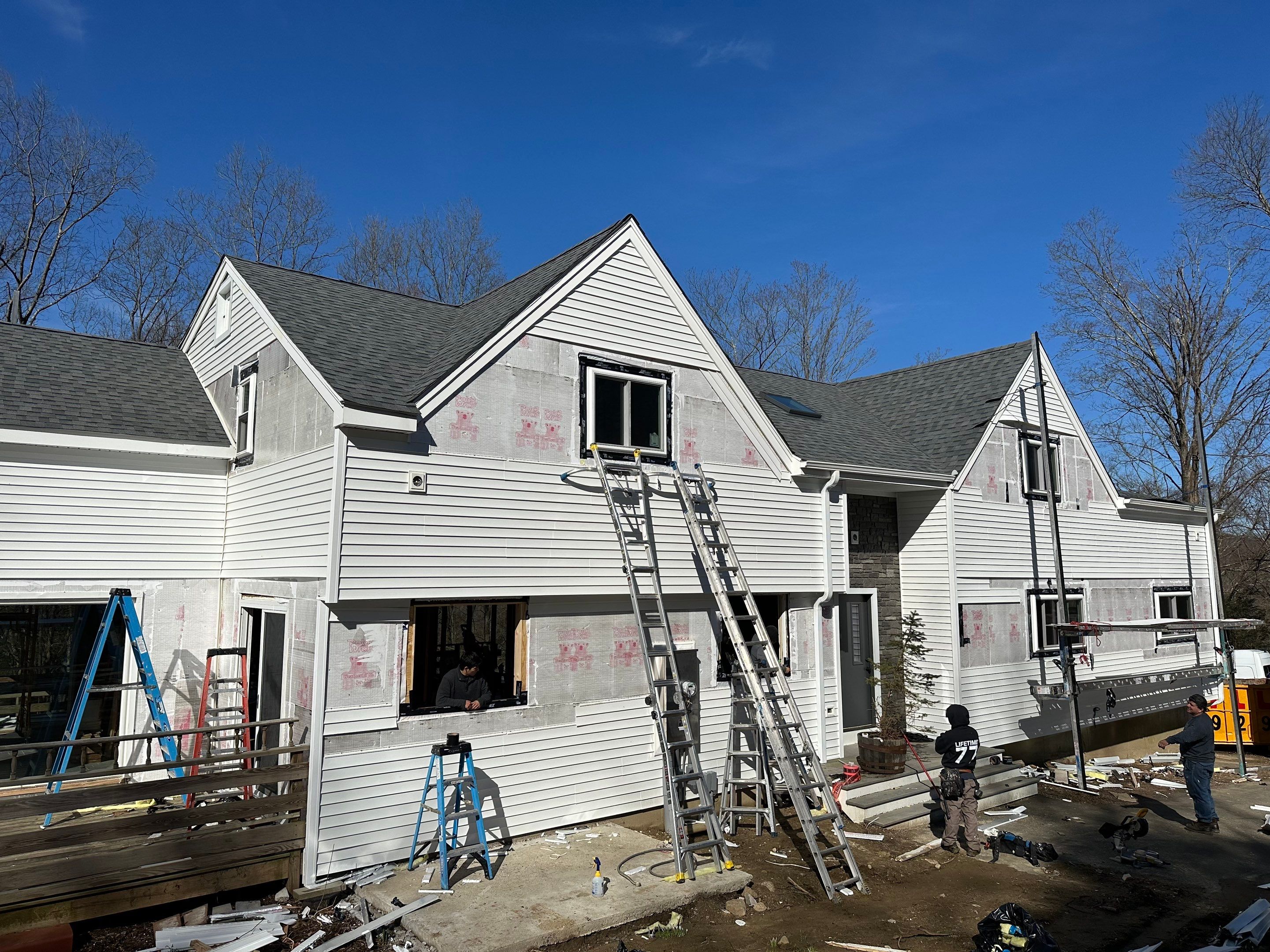 Residential Roofing Installation using Owens Corning TruDefinition Duration AR - Estate Gray & White Double 4 Siding by A Plus Exterior