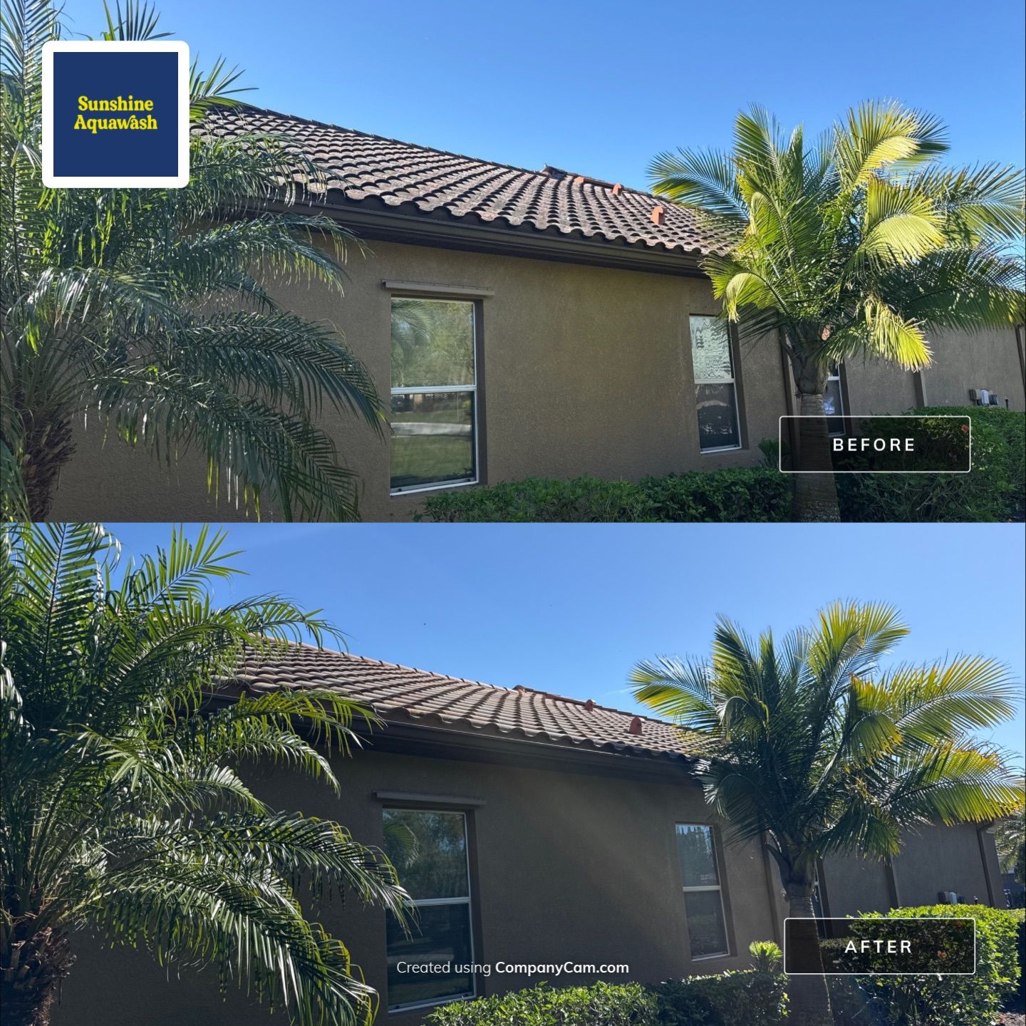 This project focused on a full gutter clean-out to restore proper water flow and prevent overflow issues.  Our scope of work included: 	•	Removing heavy leaf and pollen buildup from the gutter system 	•	Clearing out clogged sections along the rear gutters near the pool cage, where debris tends to accumulate more heavily 	•	Inspecting and cleaning the front gutter guards, which had several blocked areas restricting water flow 	•	Ensuring all downspouts and channels were flowing properly after service  Even with gutter guards installed, debris like pollen, shingle grit, and fine organic matter can still build up over time—especially in Florida’s environment. Regular maintenance helps prevent water damage, overflow, and staining on exterior surfaces.  Another thorough job completed by Sunshine AquaWash® – keeping homes protected from top to bottom. by Sunshine AquaWash