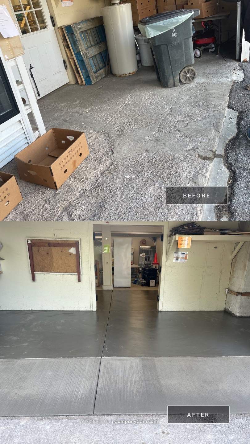 Concrete garage floor replacement with a broom finished apron  by NG Masonry & Construction LLC