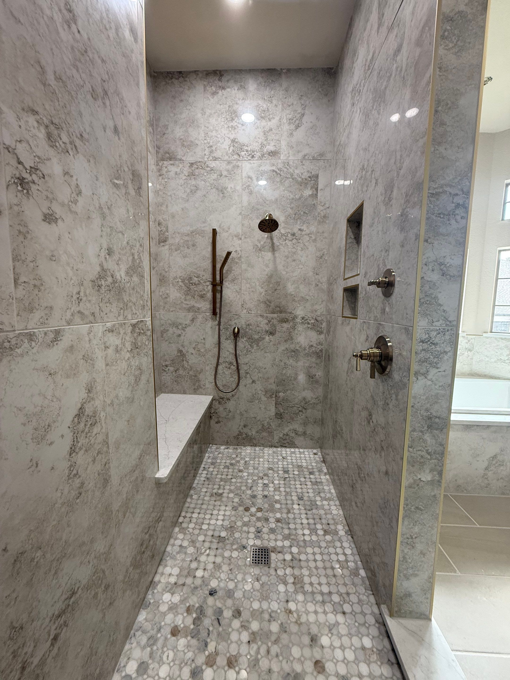 Garden Ridge Master Bathroom Remodel with Custom Walk-In Shower & Warm Green Vanity by Legacy Bath and Kitchen