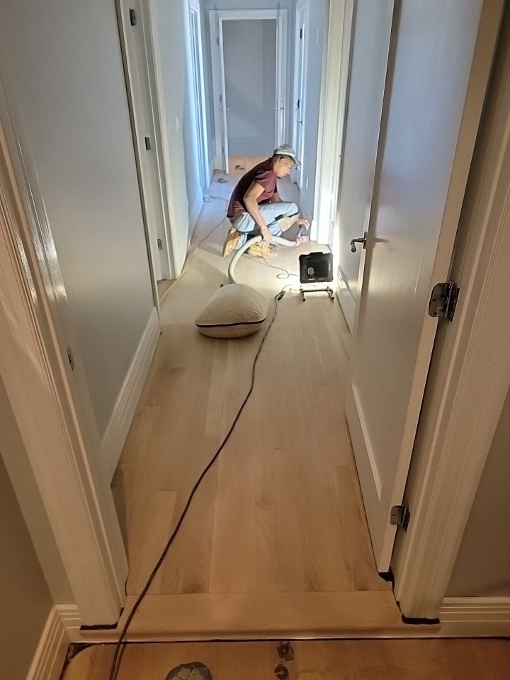 From dark to light, the results are stunning! Beautiful white oak refinish with Country White stain by Footprints Floors of Nashville