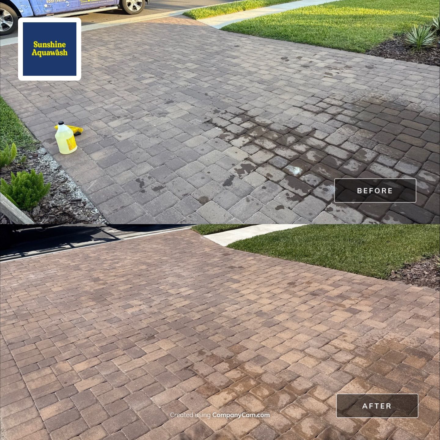 Oil Stain Removal on Paver Driveway | Esplanade at Artisan Lakes, Palmetto FL by Sunshine AquaWash