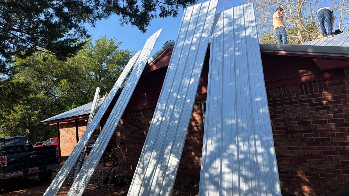 Corrugated Metal Roof Repair for Brick Home in Lindsay by BANA Roofing and Solar Supply