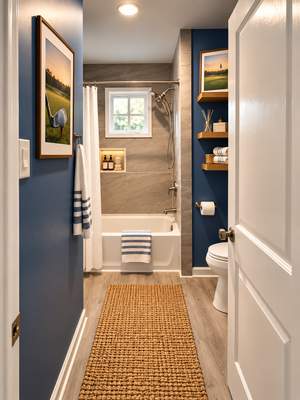 Modern Blue & Gray Bathroom Remodel with Custom Tile Surround