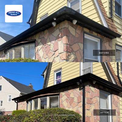 Full House Installation 5" black seamless gutters and 2x3 leaders using 5" black K style seamless gutters and 2x3 black leaders