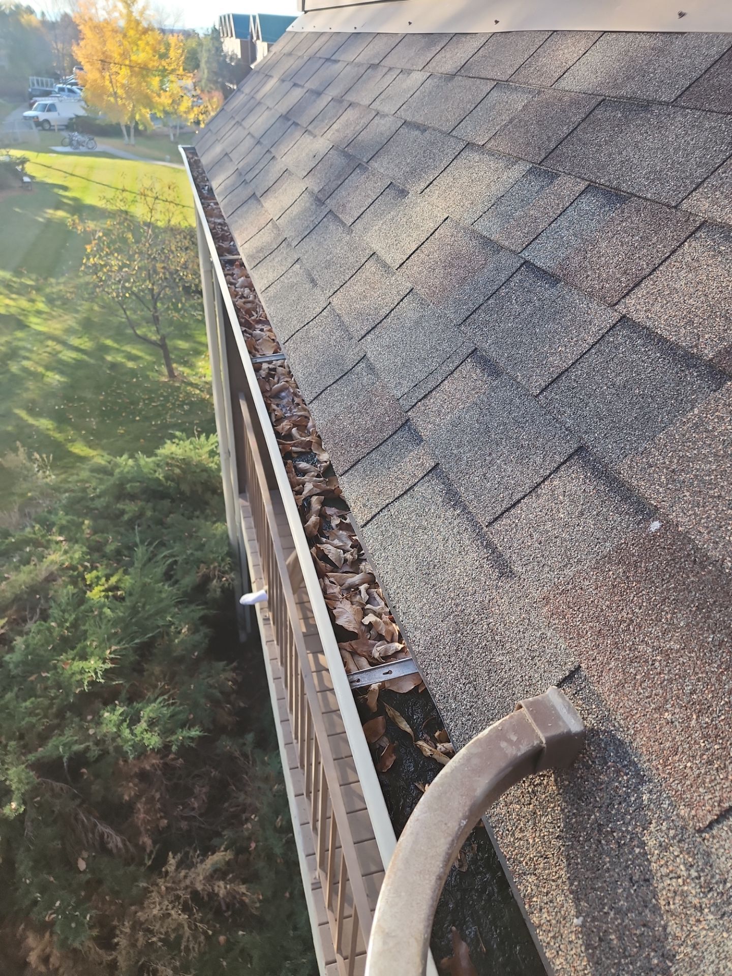 Commercial gutter cleaning Montana before photo with filled gutters