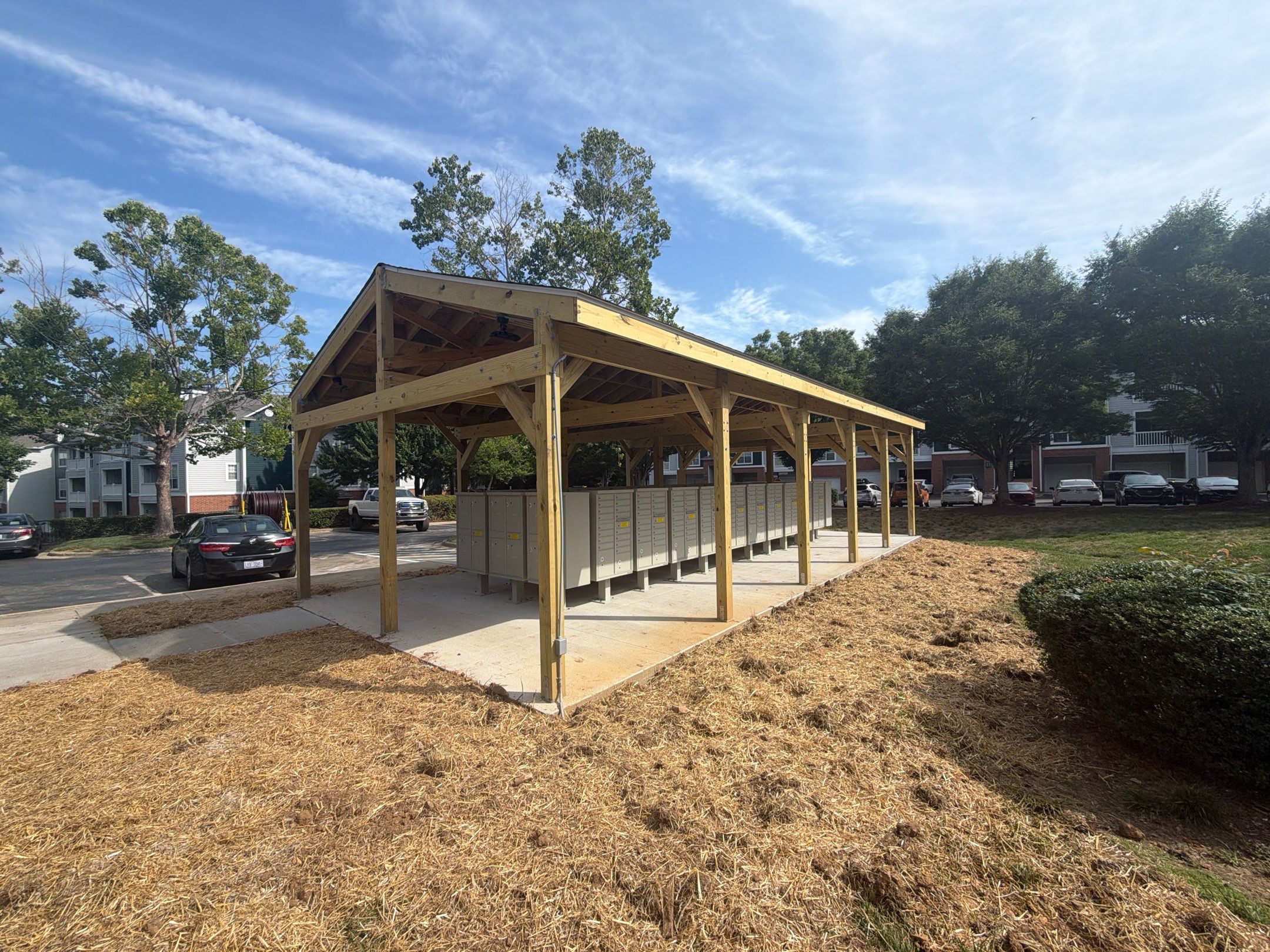 Custom Timber Frame Pavilion for Cluster Mailbox Units in Raleigh by Billy Weatherspoon Contractor