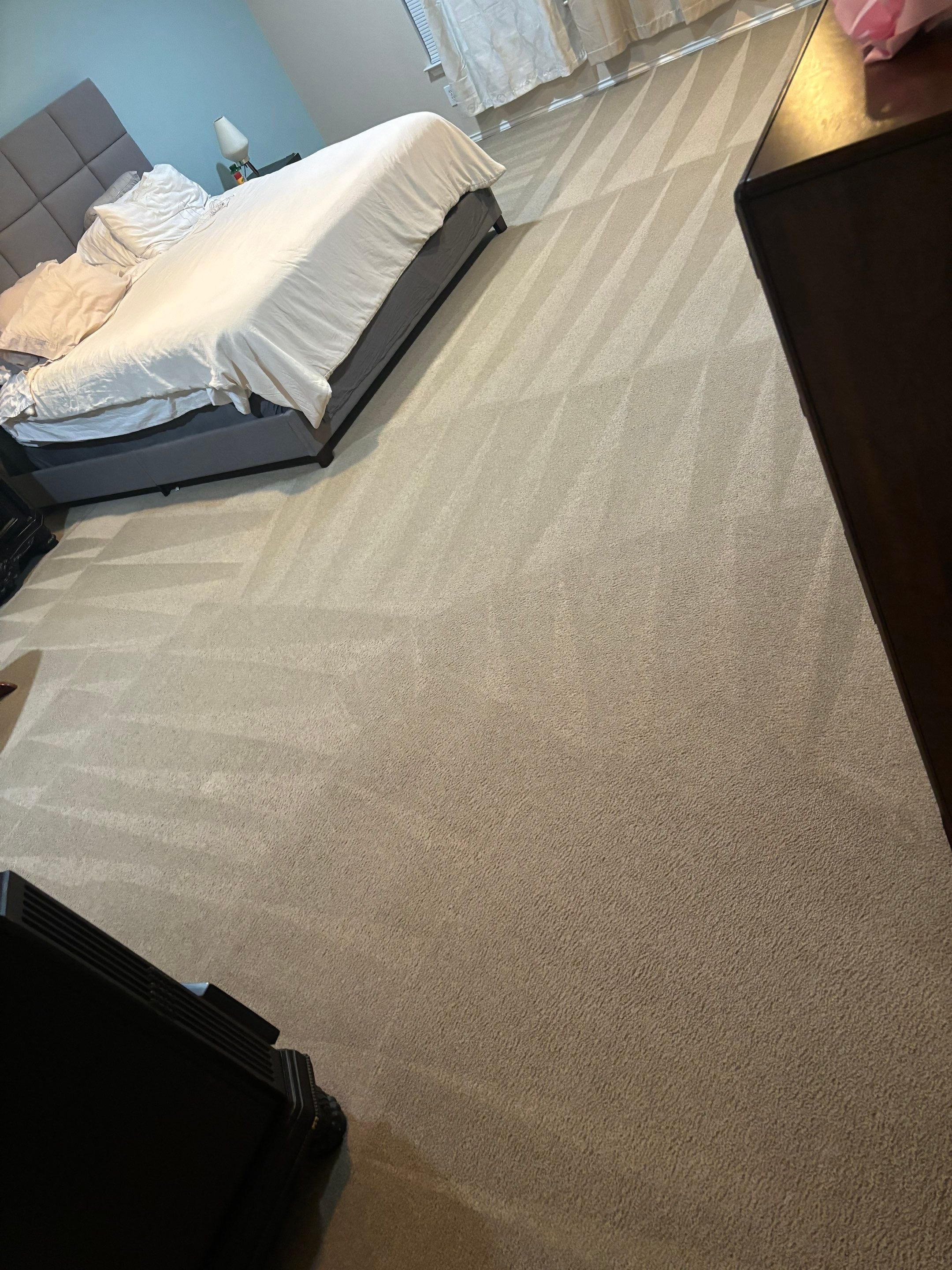 the service being done is carpet cleaning in a bedroom area with a bed and furniture present