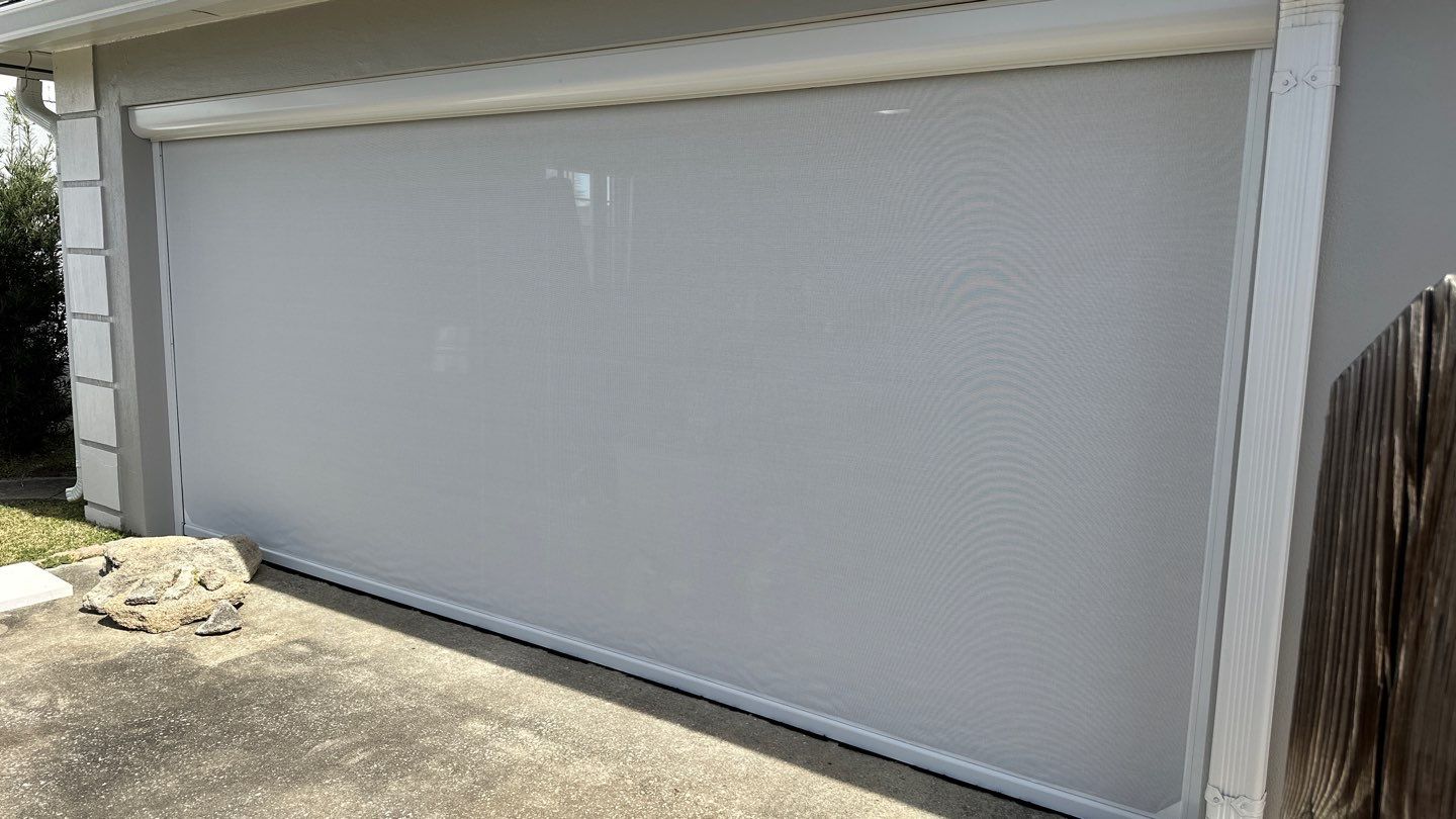 Hurricane Rated Bahama Shutters in Violet Blue / Motorized Bug Screen by Smart Guard Shutters