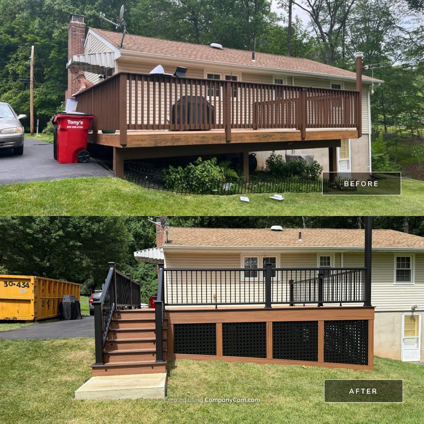 Replacement Deck, Trex Tropical Tiki torch , Matching Fascia. Black Transcend railing and Lattice. by DiGiorgi Roofing and Siding Inc