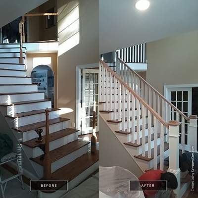 Stairway Installation using Red oak modern railings