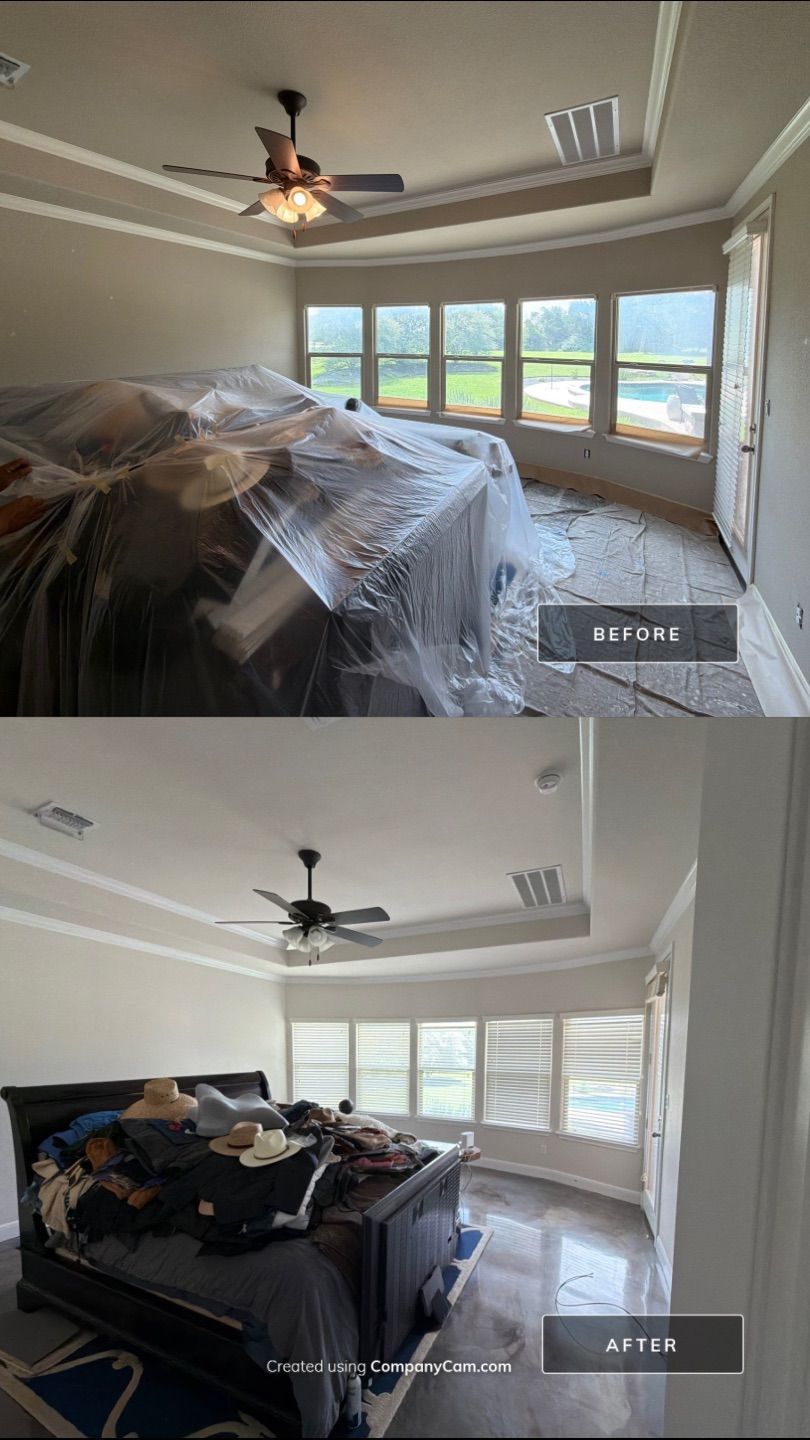Before and after photo of a master bedroom repainted by Hill Country Painting in Driftwood, TX