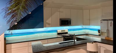 Kitchen Remodel using Maui Beach IMAGIO Solid Glass Backsplash