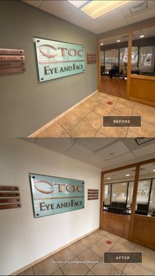 Before and after photo of a medical office entry hallway repainted white by Hill Country Painting in Austin, TX