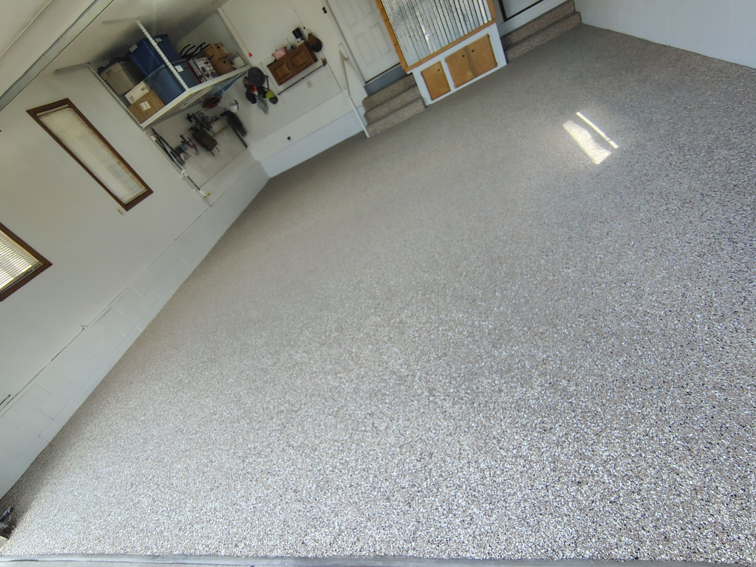 Multi-Colored Flake Epoxy Garage Floor Coating and Crack Repair by Select Painting, Coatings & Garage Cabinets