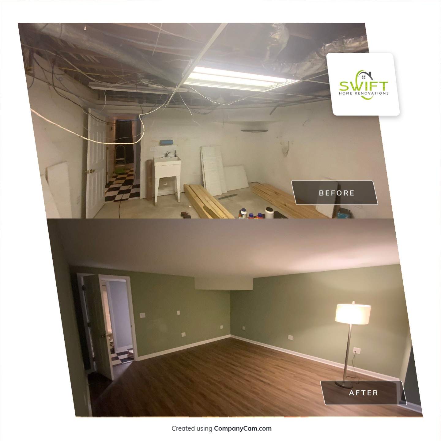 Finished Basement Room Transformation with Wood-Look Flooring in Roswell by Swift Home Renovations
