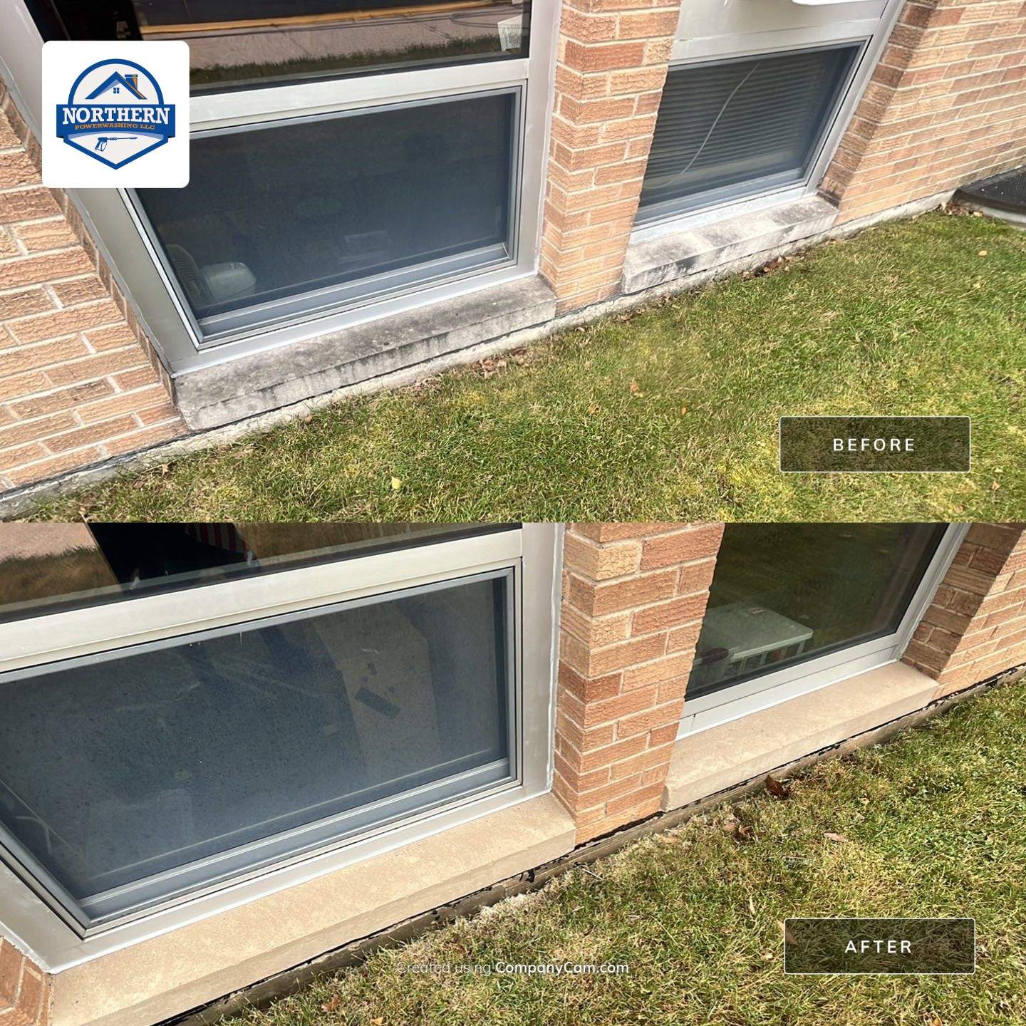 Commercial brick exterior cleaning by Northern Power Washing LLC.