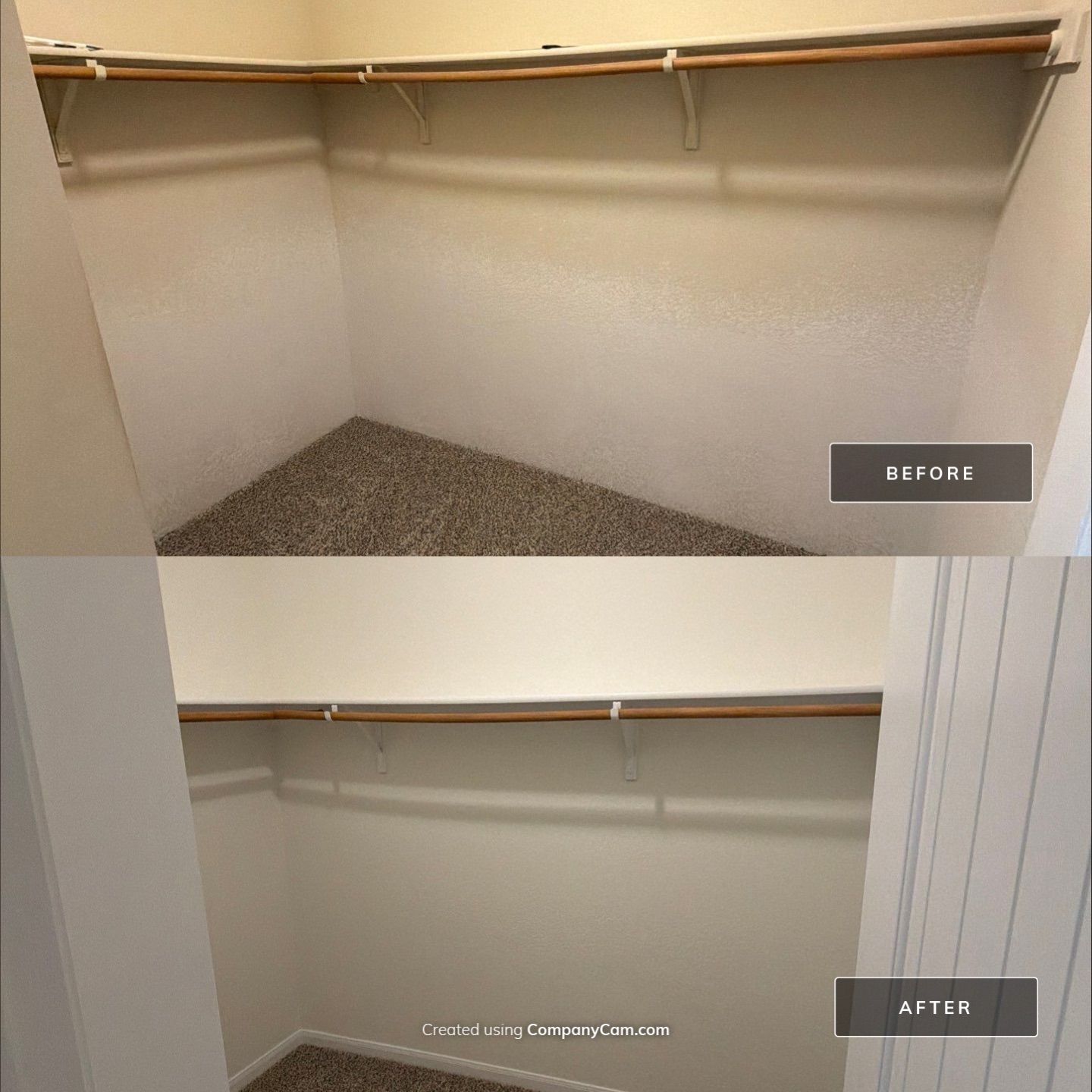 Before and after photo of a master closet repainted by Hill Country Painting in Dripping Springs, TX