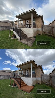 Before and after photo of a back porch repainted by Hill Country Painting in Leander, TX