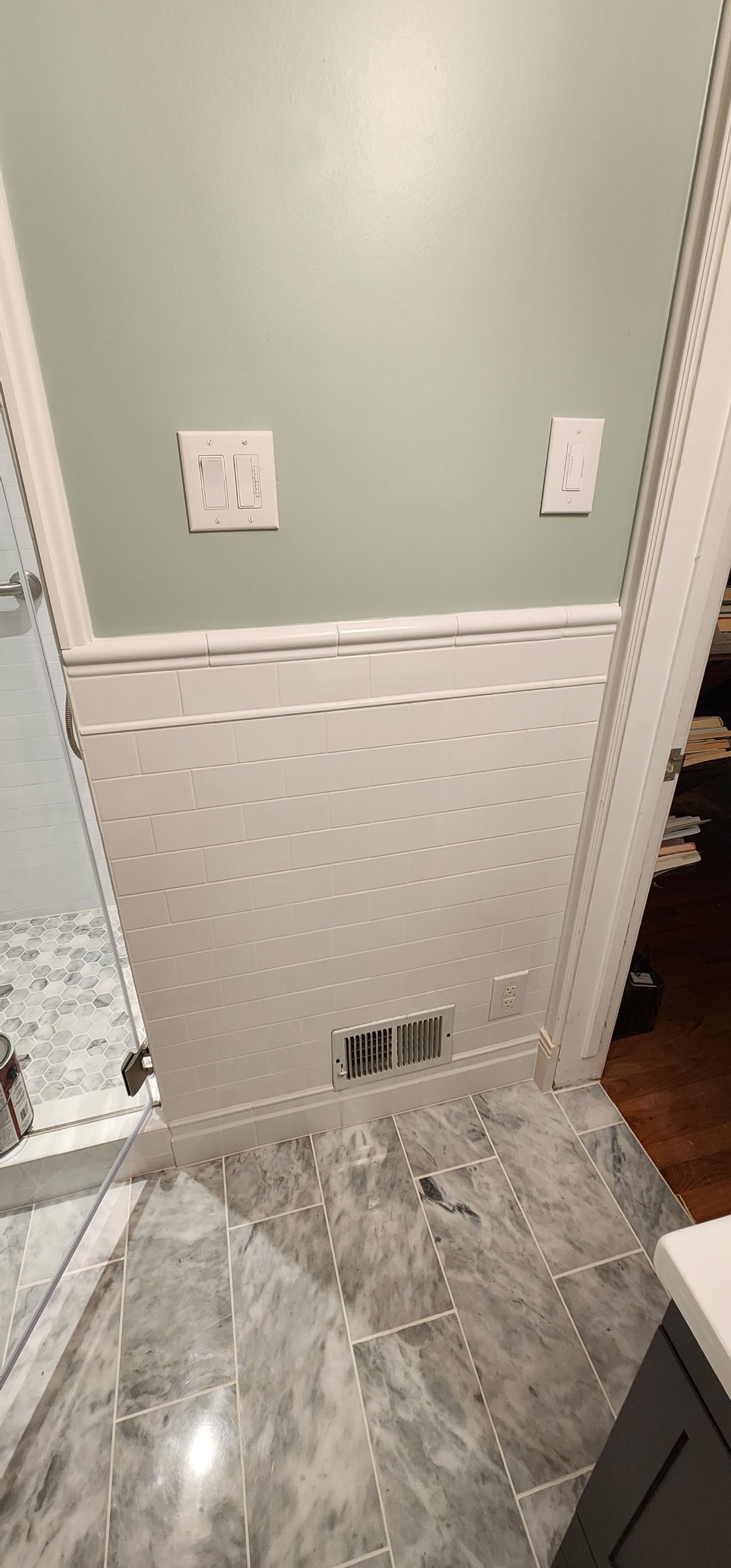 Full bathroom, tile shower, tile floor, tile wainscoting by The Shower Company