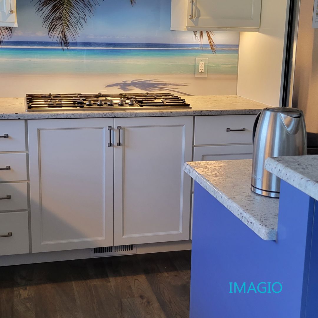 Kitchen Remodel using IMAGIO Mountains & Tropics Solid Glass Backsplash by IMAGIO