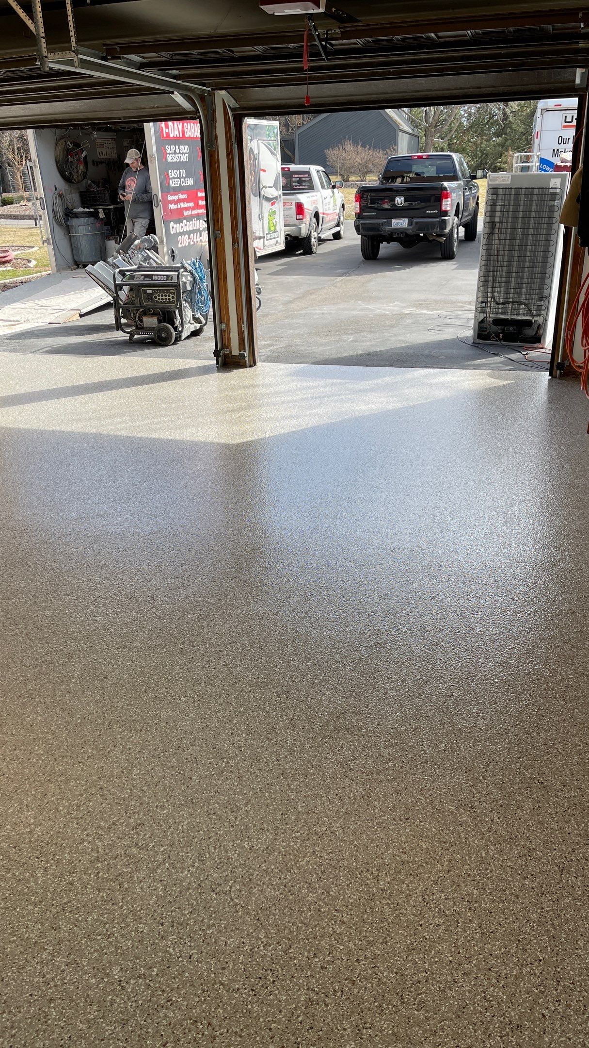 Garage Floor Polyaspartic Coating with Pebble Beach 1/4" Flakes by Croc Coatings, LLC