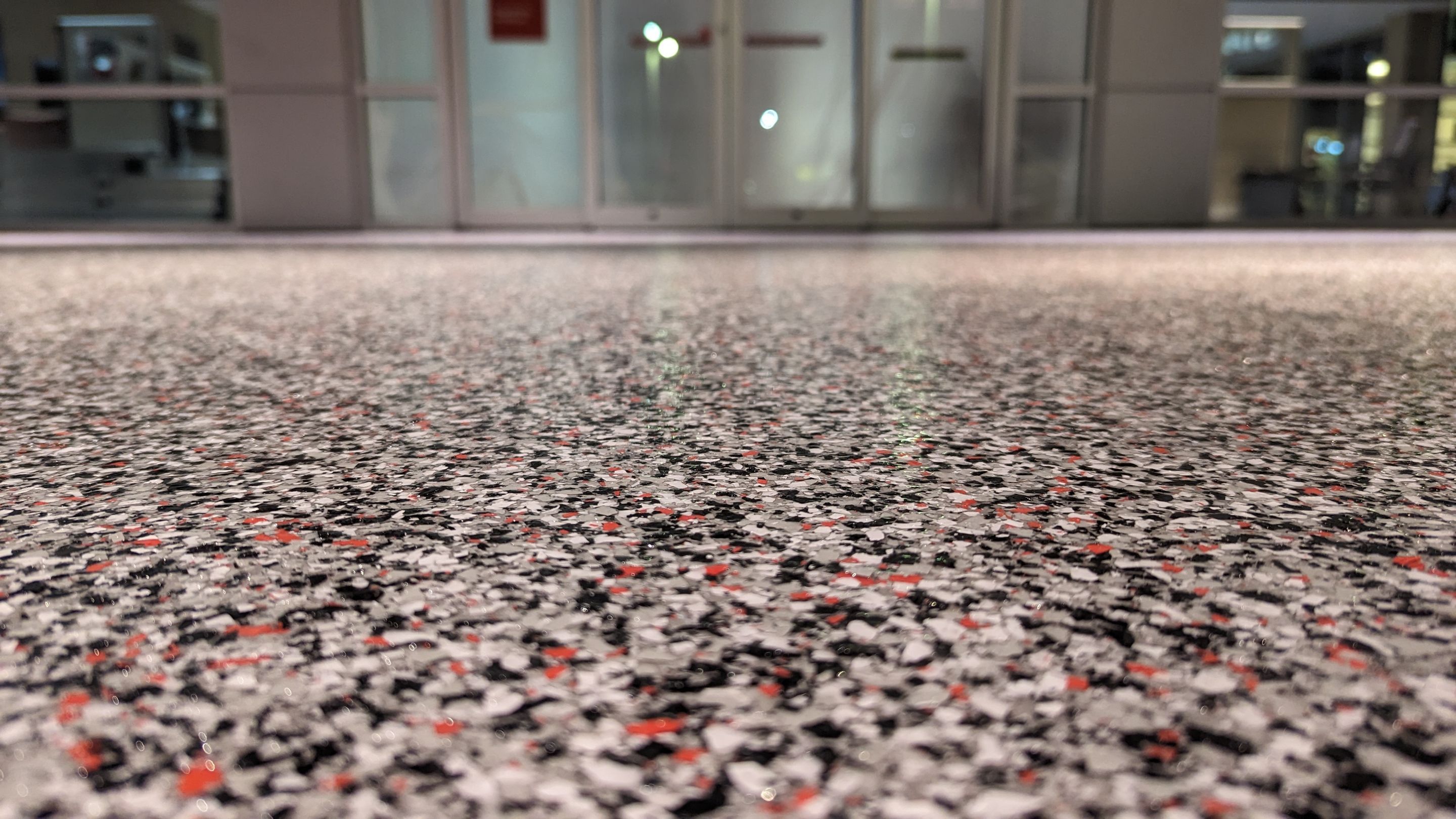 Commercial Floor Transformation using Domino w/ 5% Cherry Bomb Red  by Croc Coatings, LLC