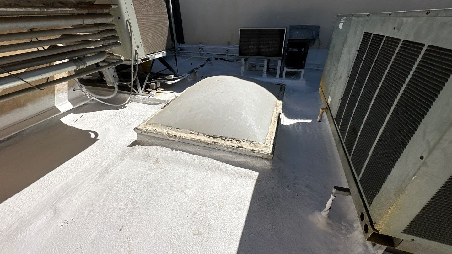 Spray foam and coatings using General Coatings acrylic coatings and spray foam by Straight Edge Roofing Inc