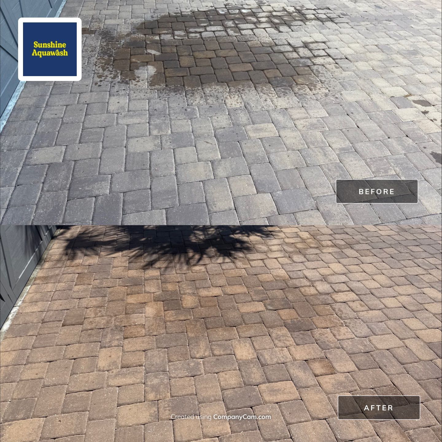 Oil Stain Removal on Paver Driveway | Esplanade at Artisan Lakes, Palmetto FL by Sunshine AquaWash