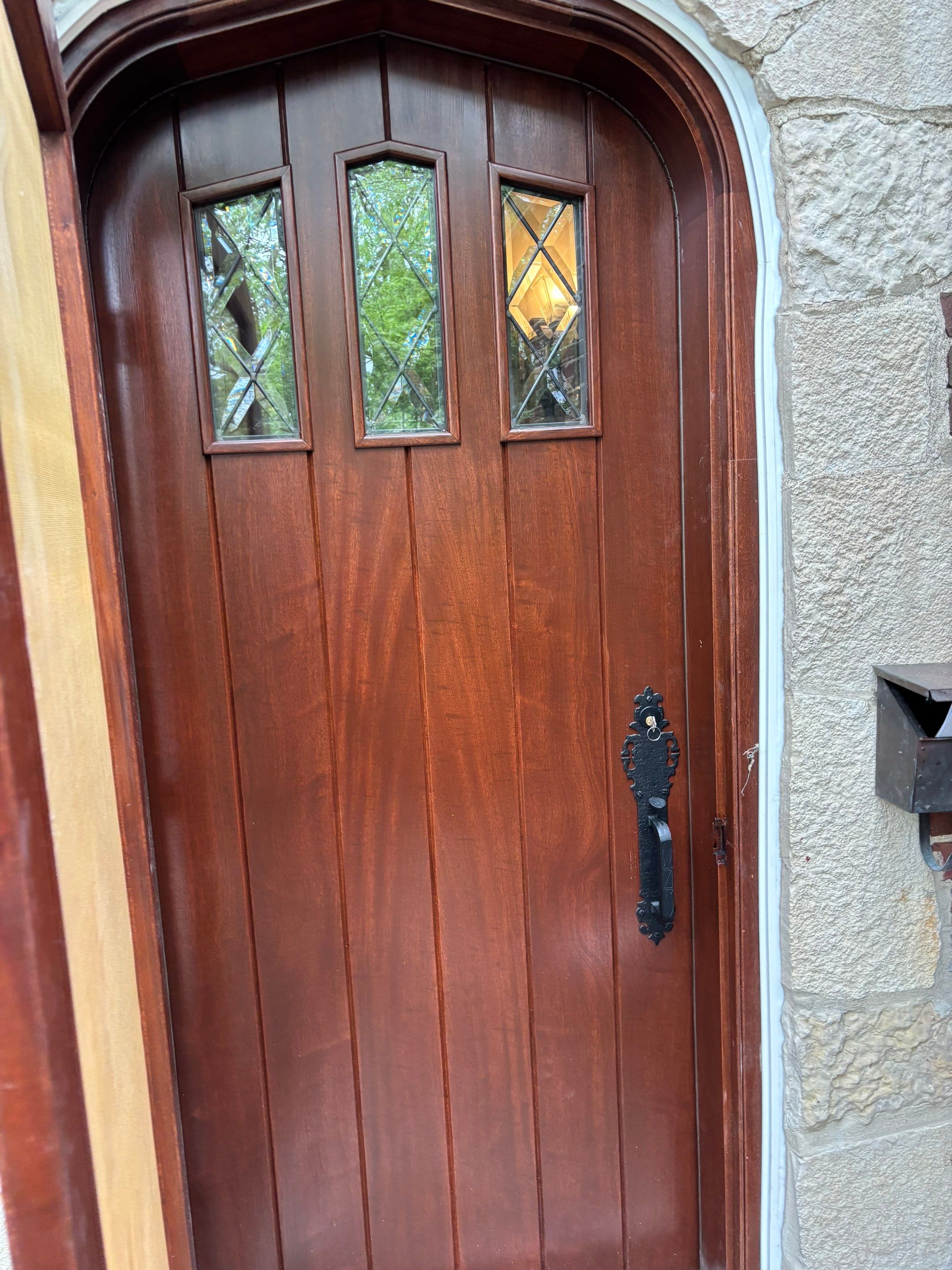 Custom Arched Wood Entry Door with Diamond Glass Replacement in Wilmette by Great American Exteriors