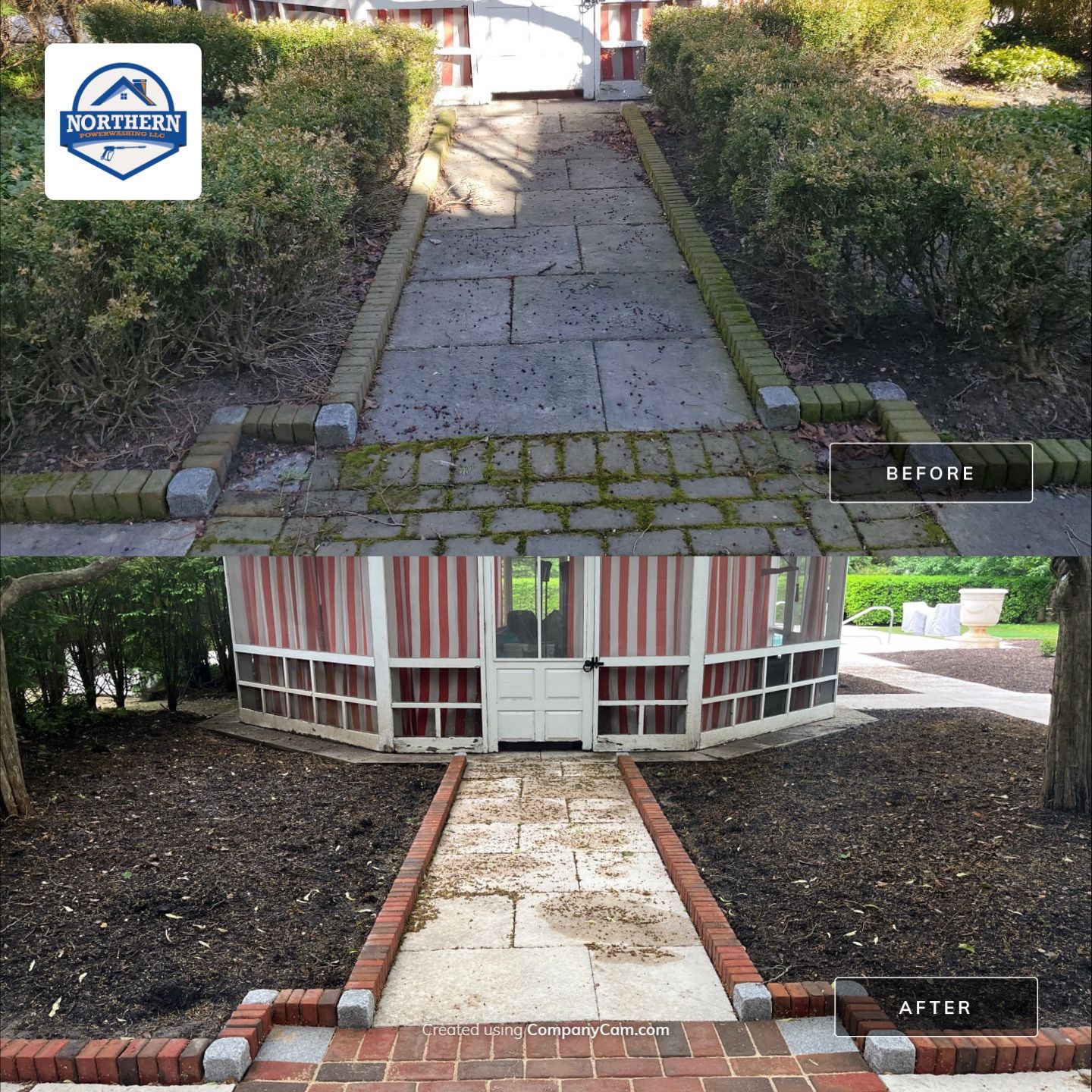 Brick paver clean, sand and seal.  using Algaecide, soft wash soap by Northern Power Washing LLC.