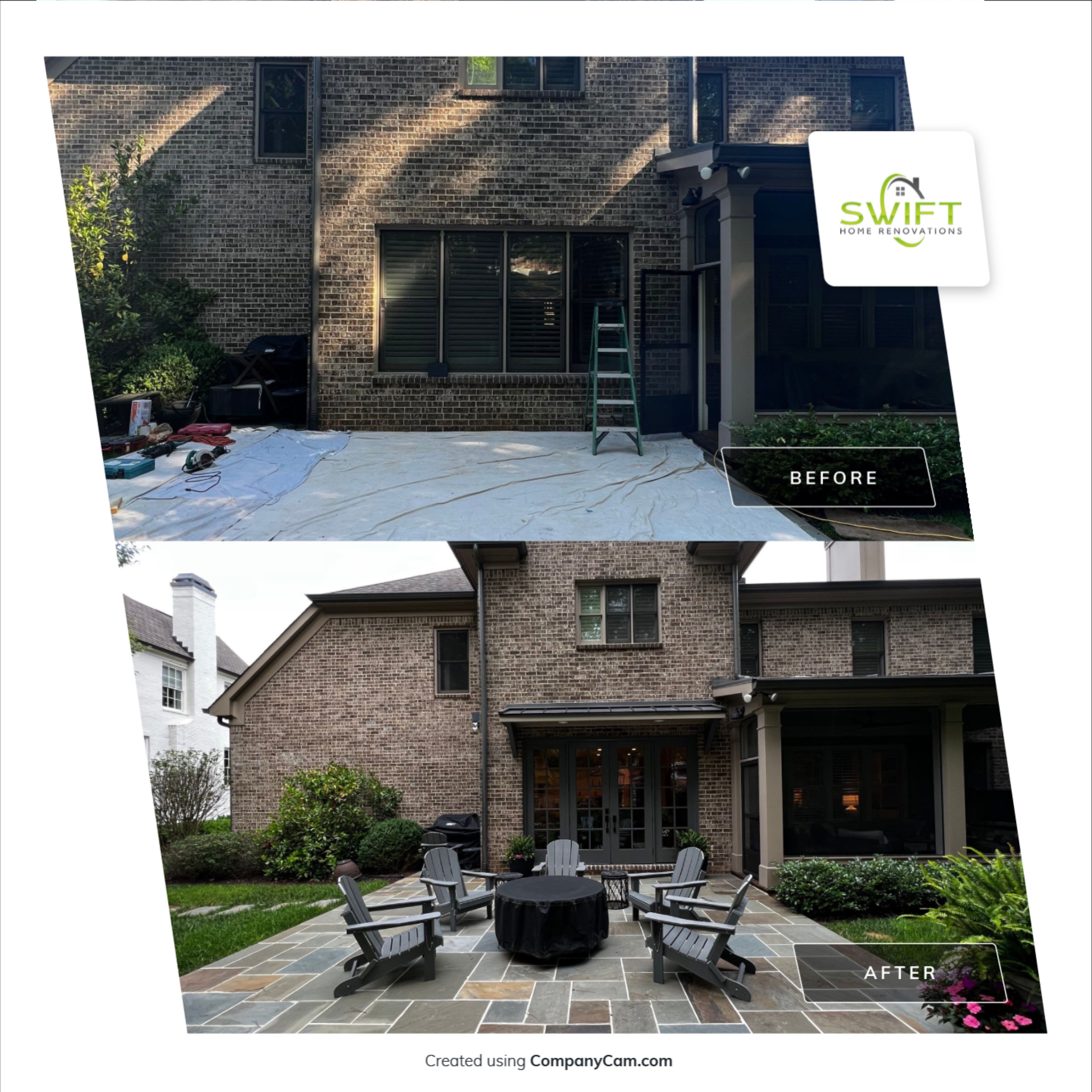 Atlanta French Door Installation with Custom Wood Overhang and Flagstone Patio by Swift Home Renovations