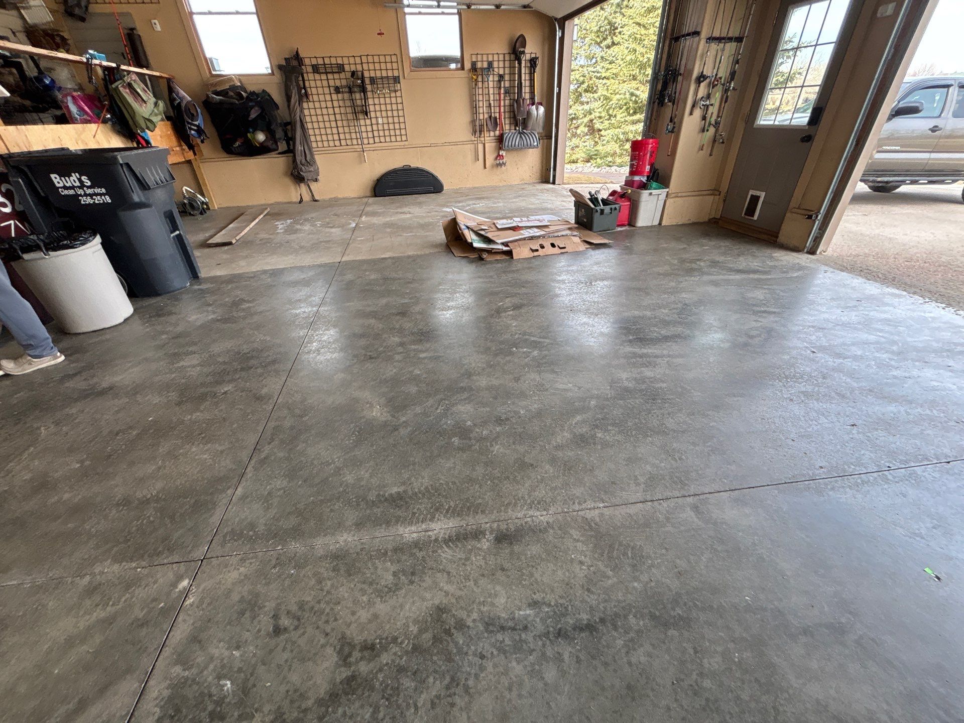 Residential Garage Floor Transformation with Speckled Epoxy Coating by Select Painting, Coatings & Garage Cabinets