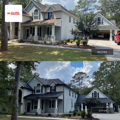 Residential Roofing Installation using Certianteed Landmark + Cedar Crest and 1.5" Standing Seam Porch Covers with Black 6" Gutters // LeadBlaster Pro Covers