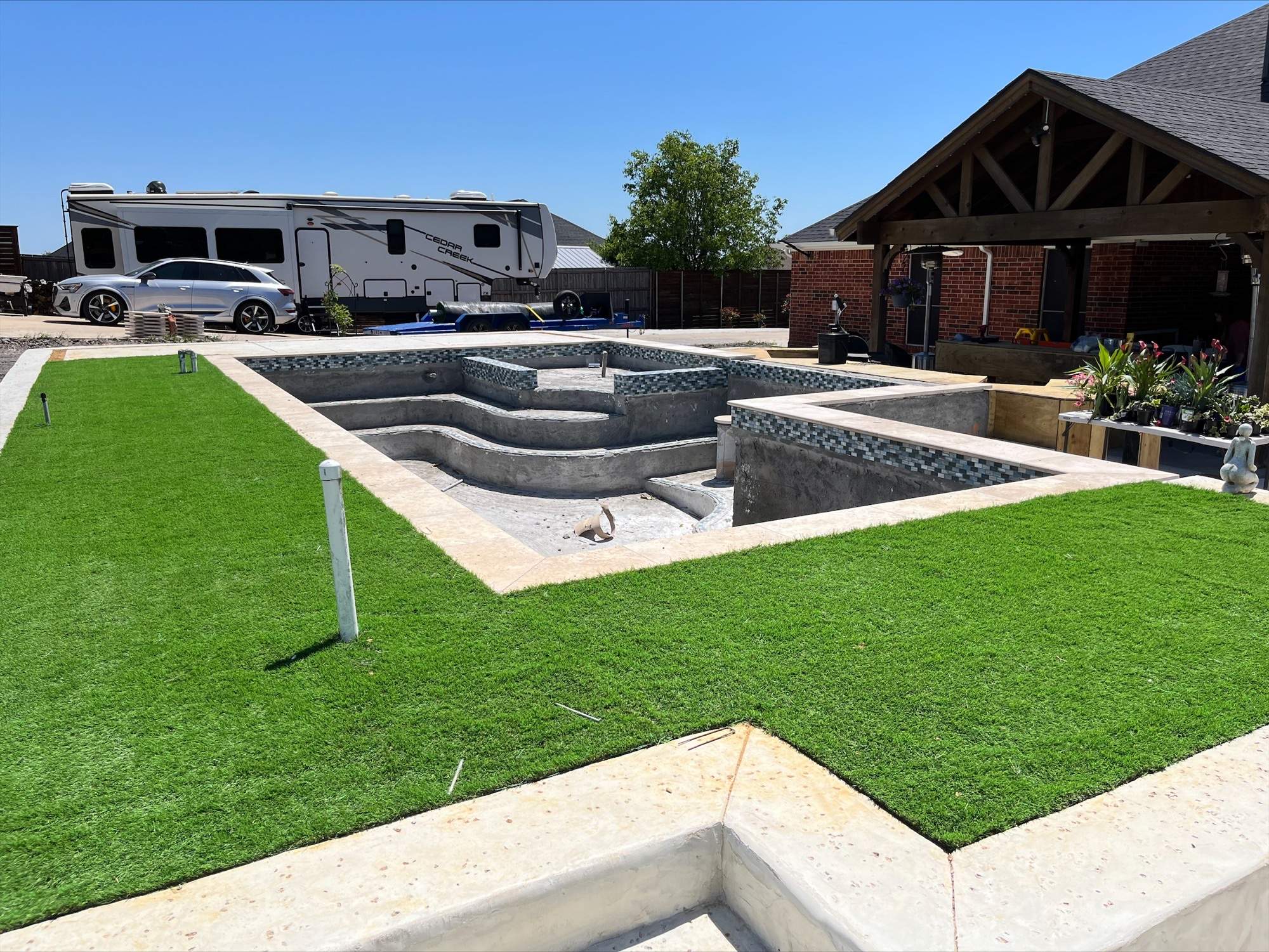 Modern Geometric Pool with Sunken Lounge and Turf Surround by Pinnacle Pools and Spas - DFW