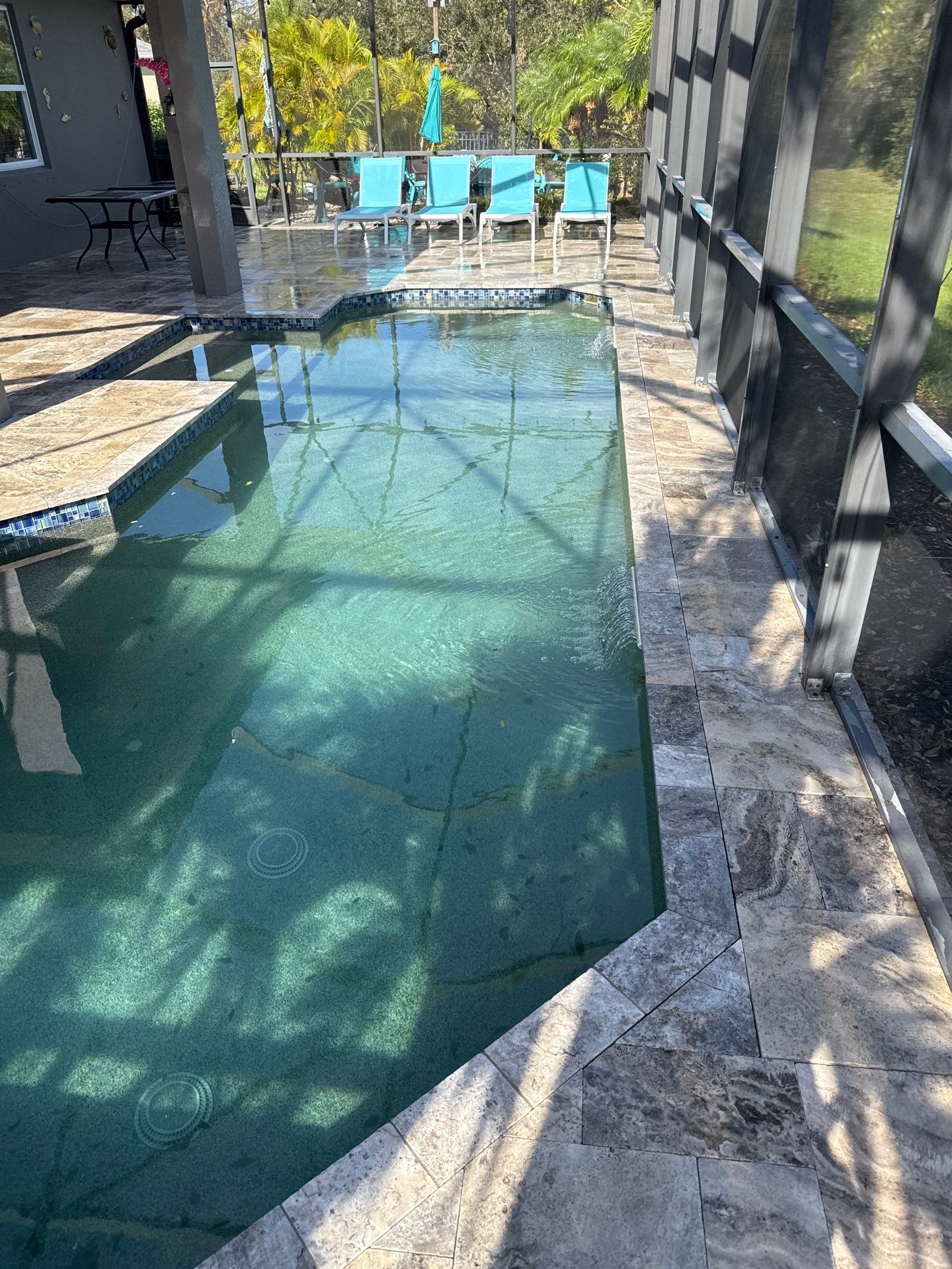 Travertine Pool Deck and Screen Enclosure Cleaning in Ellenton, FL | Oakleaf Hammock Community by Sunshine AquaWash