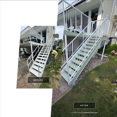White Powder-Coated Outdoor Railings in Rockville & Staircase and Deck Refurbishment