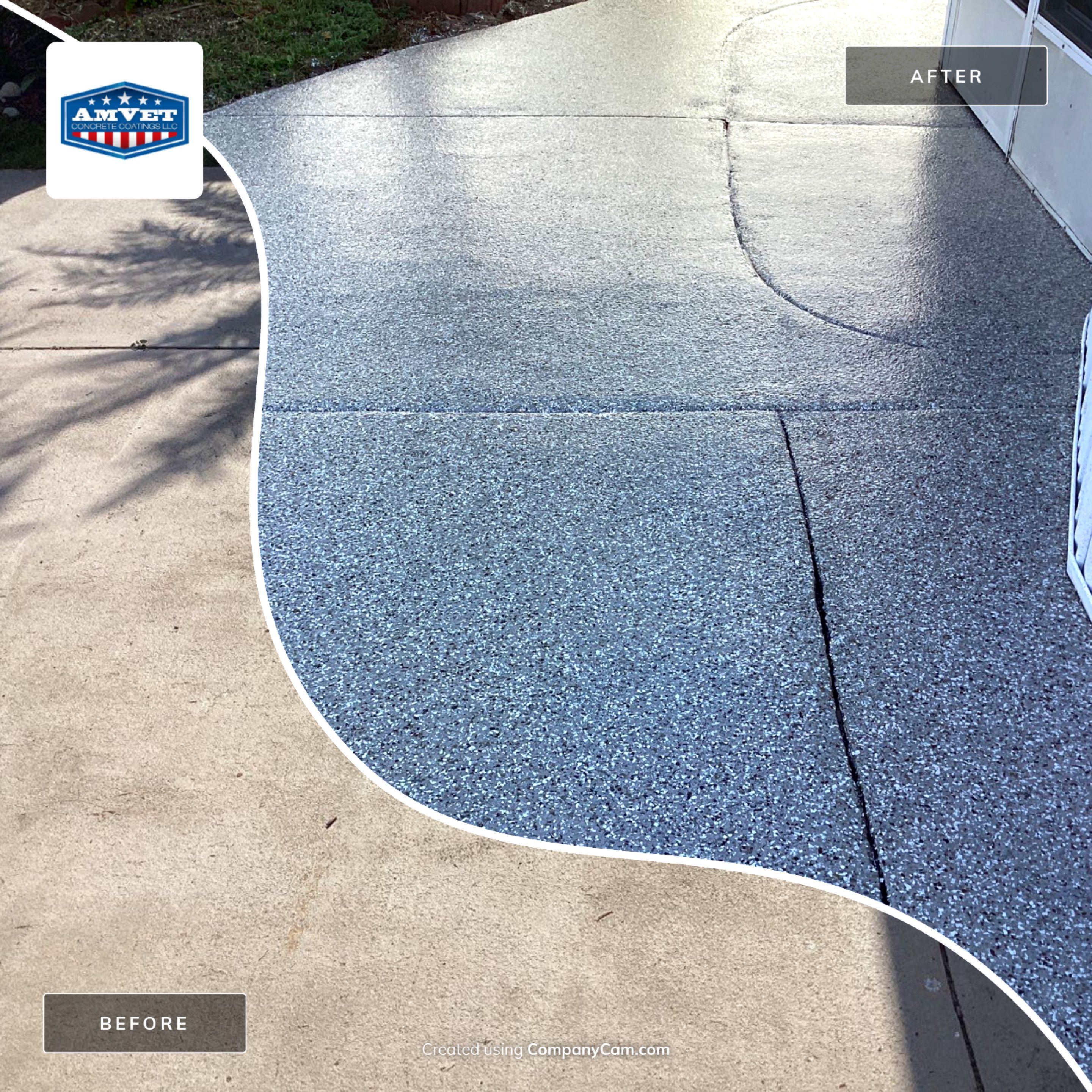 Driveway using Pebble Beach by Amvet concrete coatings llc