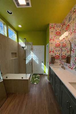 Bold & Colorful Bathroom Remodel | Custom Shower & Statement Wallpaper | San Antonio