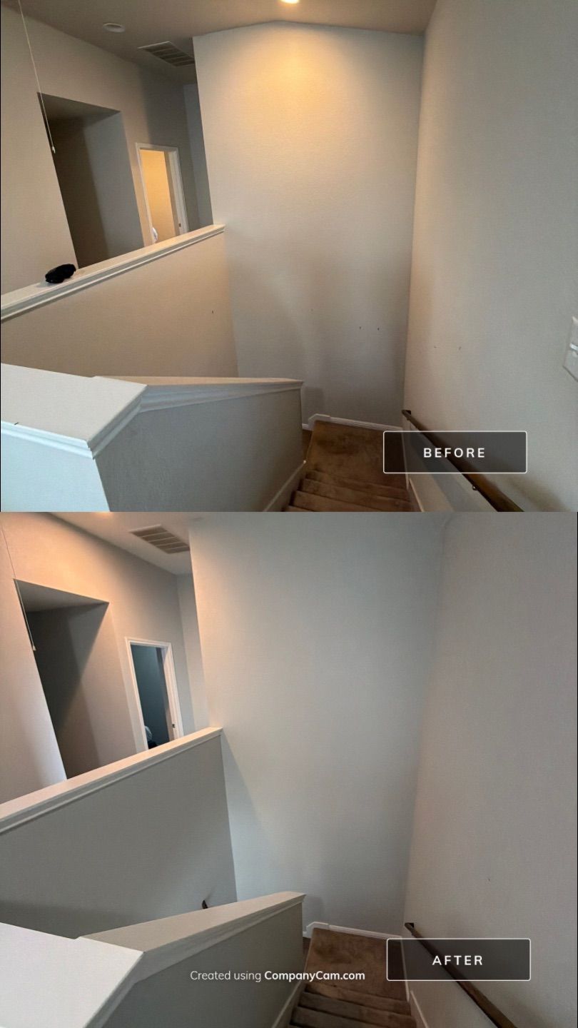 Before and after photo of a stairwell repainted by Hill Country Painting in Leander, TX
