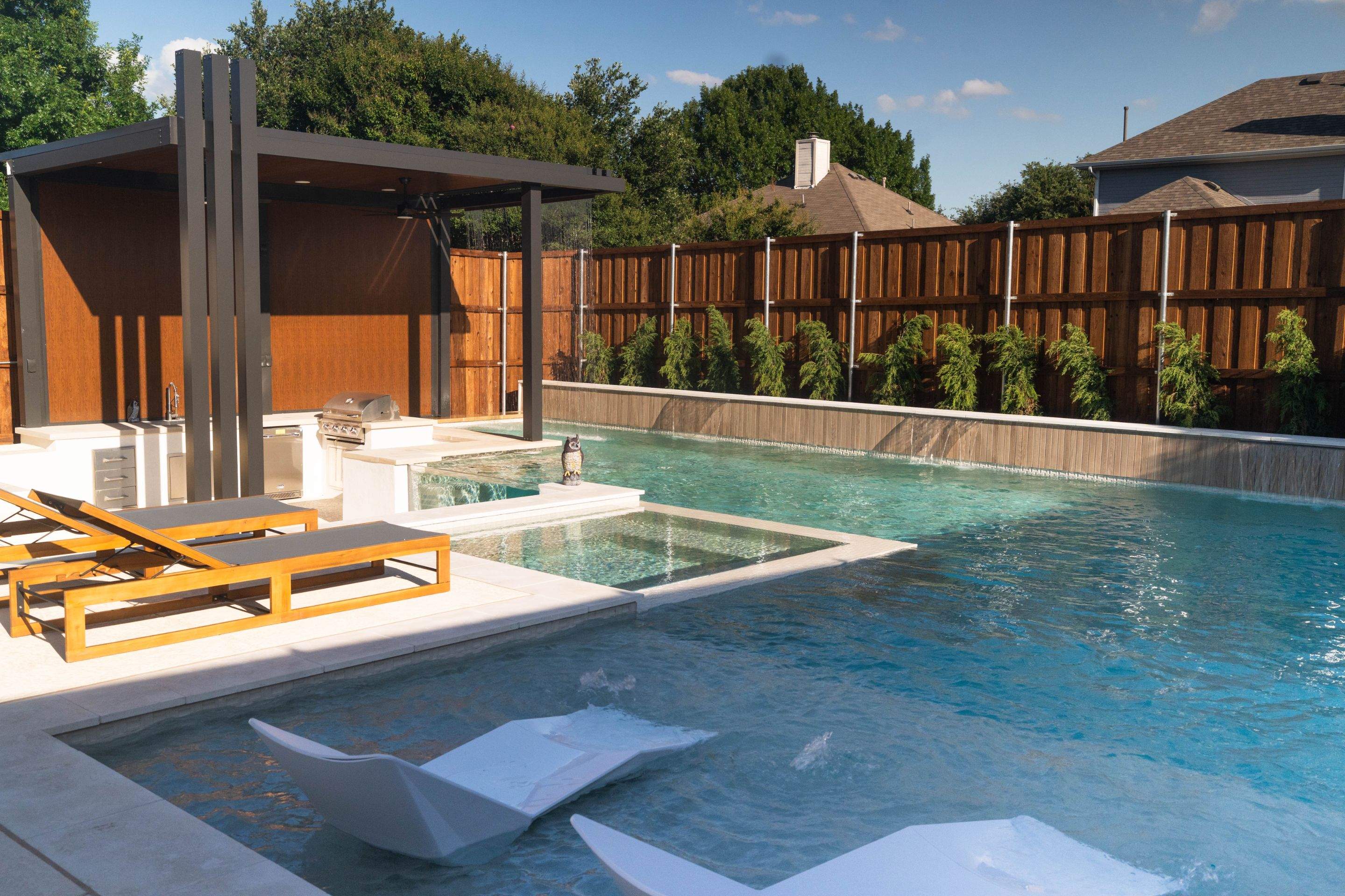 Modern Geometric Pool with Cabana and Fire Feature by Pinnacle Pools and Spas - DFW