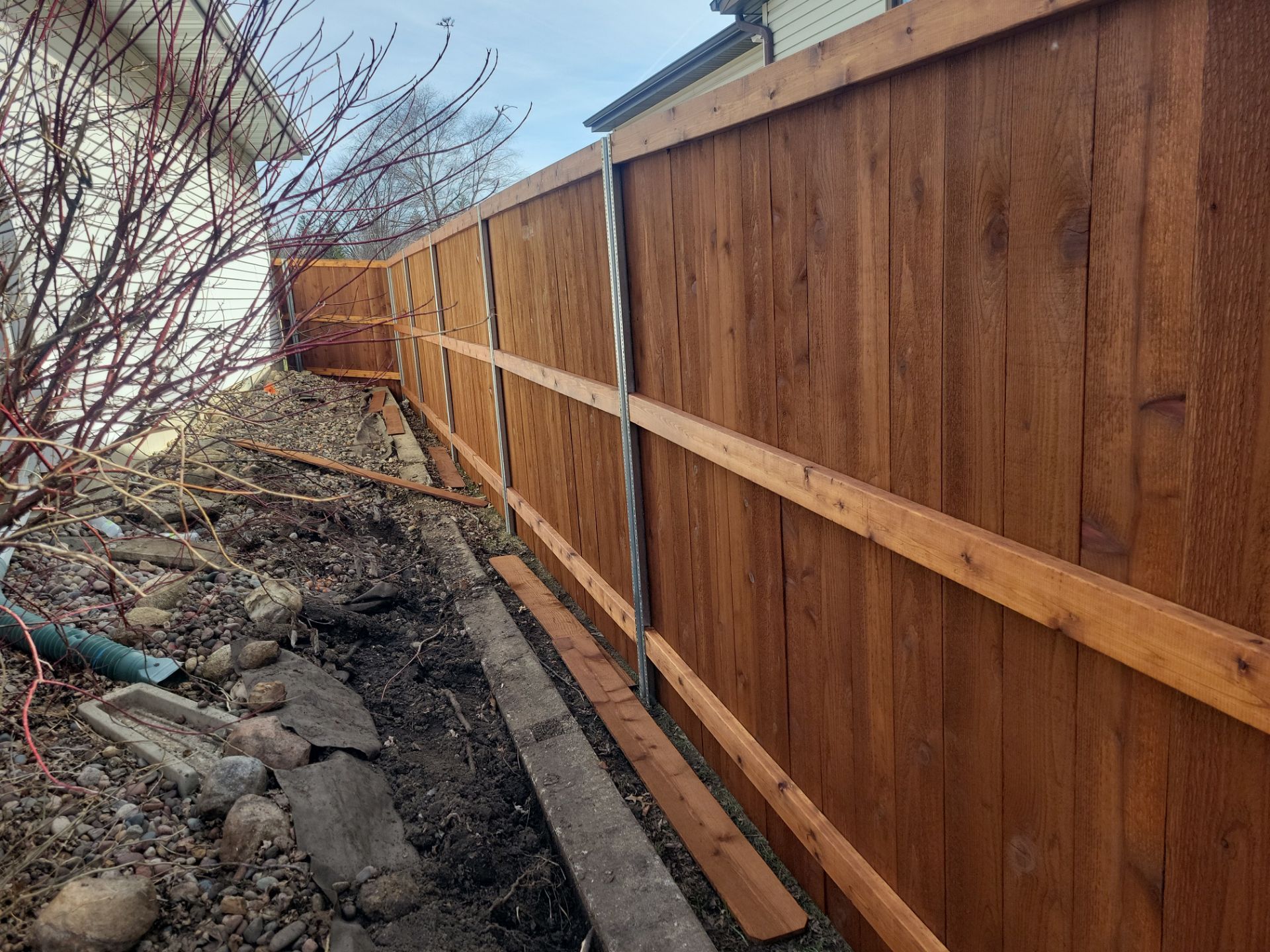 Custom Cedar Wood Privacy Fence with Double Gates and Integrated Planter Mailbox by Perfect Picket Fence and Stain