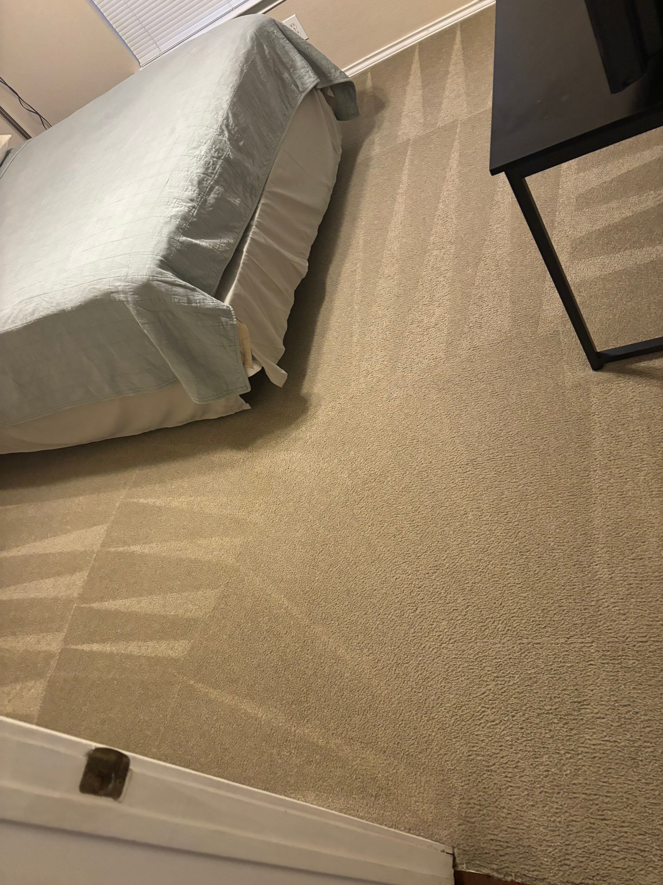 the service being done is carpet cleaning in a bedroom with visible clean and dirty sections on the carpet