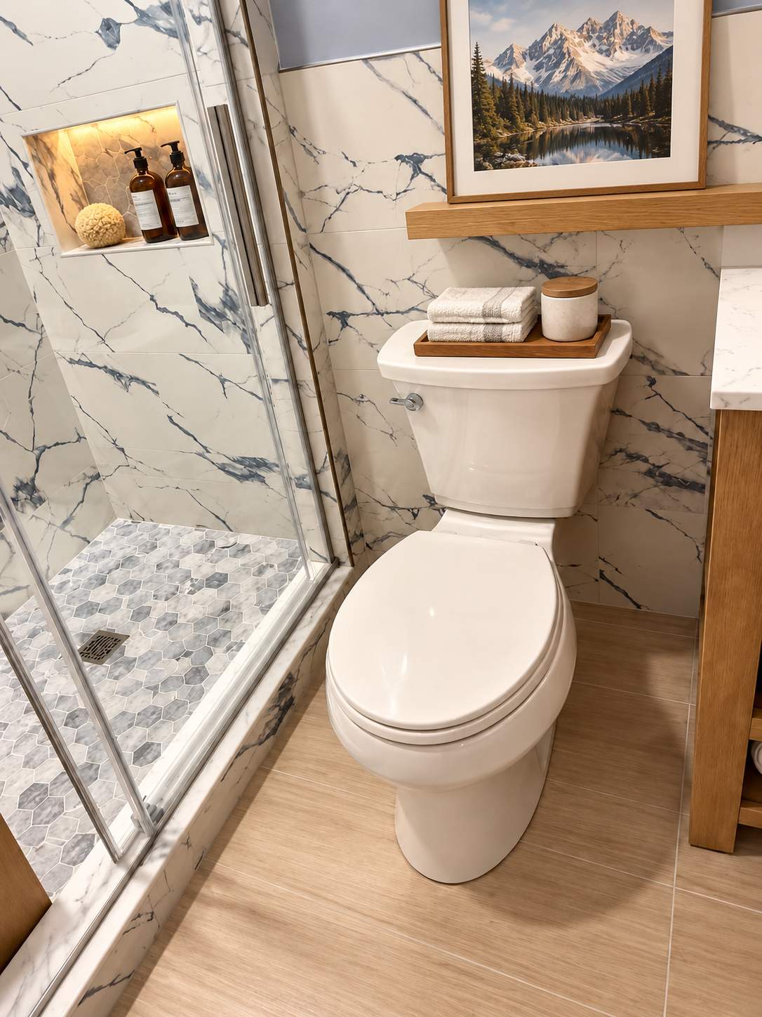 Modern Spa-Inspired Bathroom Remodel with Marble-Look Walk-In Shower by Remodel Now